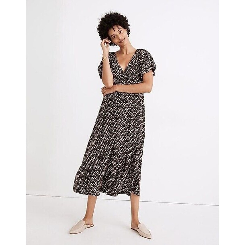 NWT Madewell Bubble-Sleeve Floral Midi Dress Button-Front Womens Black Size XXS